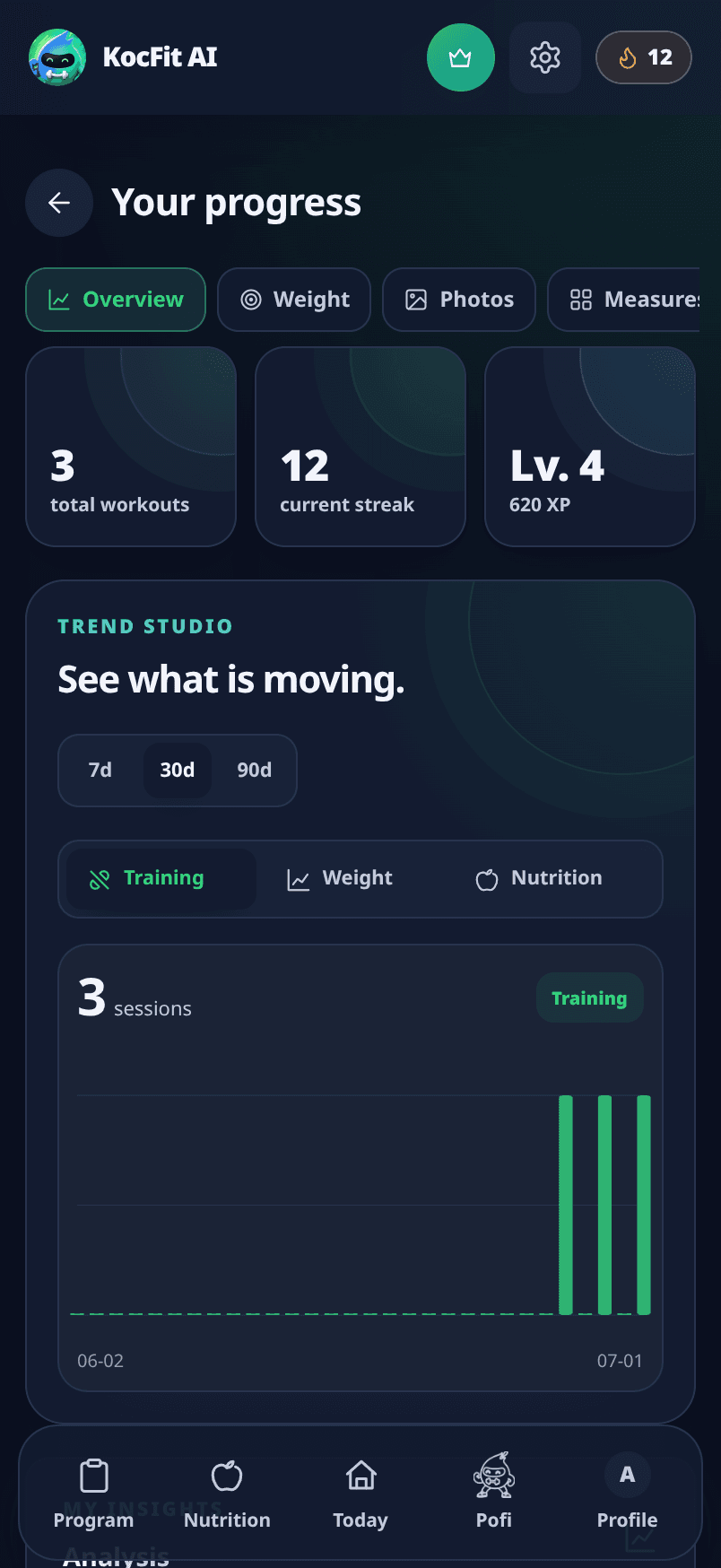 KocFit AI progress and weight trend screen